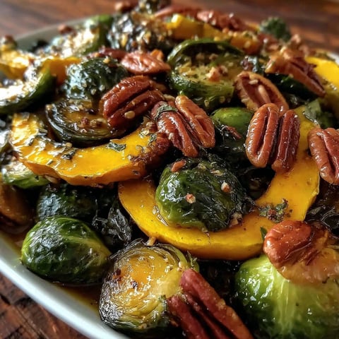 A plate of roasted acorn squash and brussels sprouts.