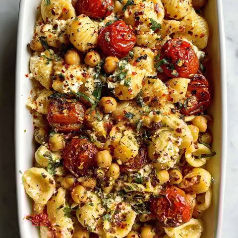 A dish of pasta with chickpeas and tomatoes.
