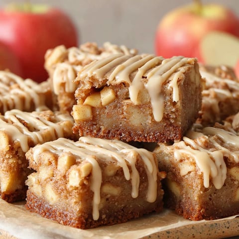 A plate of brownies with apples on top.