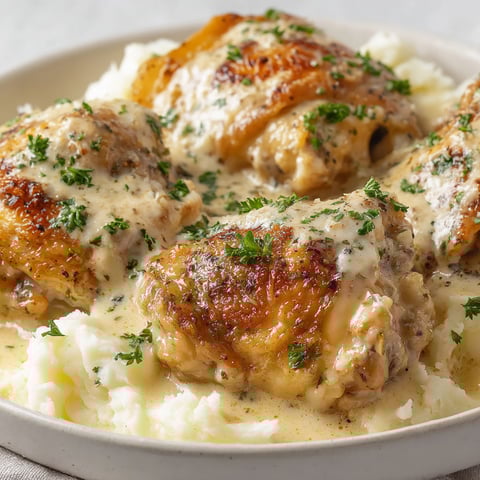 A plate of Amish chicken with gravy.