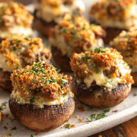 A plate of sausage stuffed mushrooms.