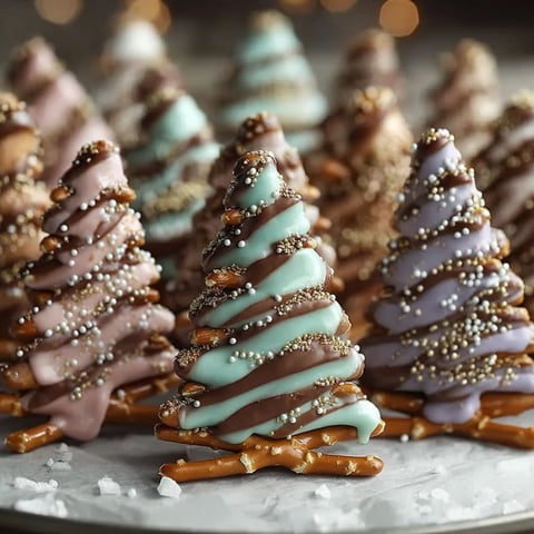 Chocolate pretzel trees on a table.