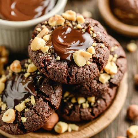 A plate of chocolate hazelnut thumbprint cookies.