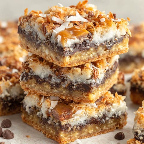 A stack of 7 layer bars with coconut on top.