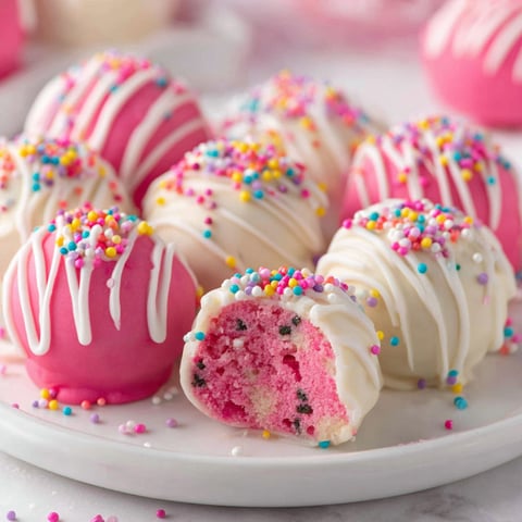 Pink and white frosted cookies with sprinkles.