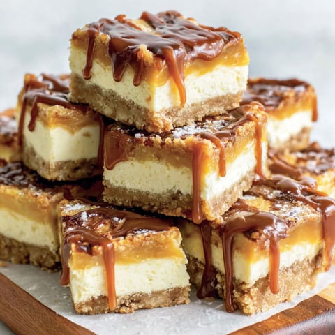A stack of caramel cheesecake bars.