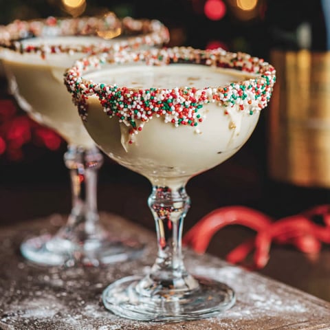 Two glasses of sugar cookie martinis.