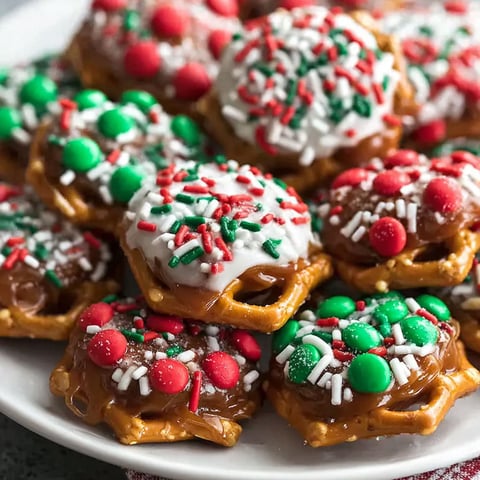 A plate of Christmas caramel pretzel bites.
