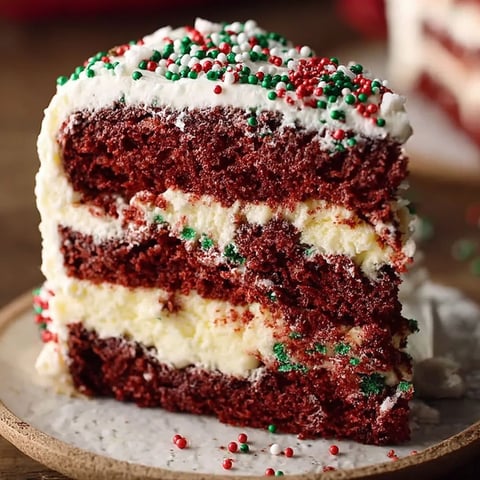 A slice of red velvet cheesecake cake.