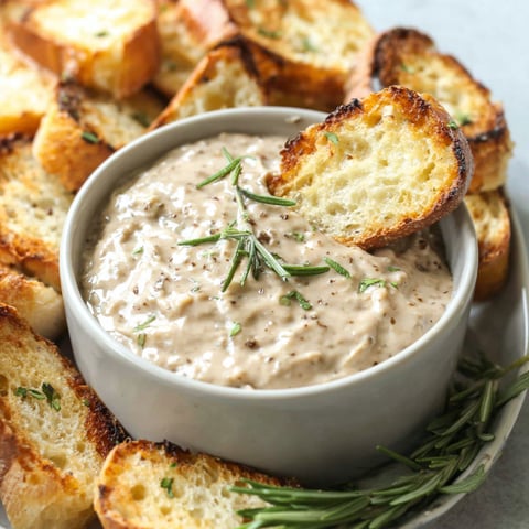 A bowl of bread dip with a sprig of parsley on top.