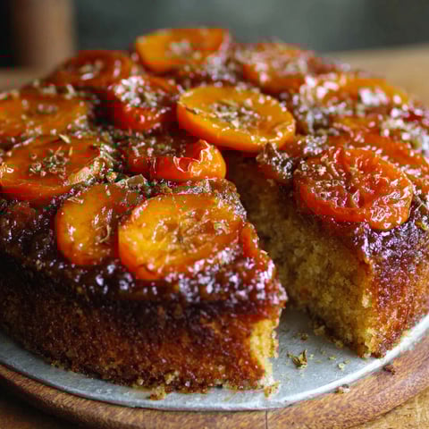 A slice of upside-down persimmon cake.