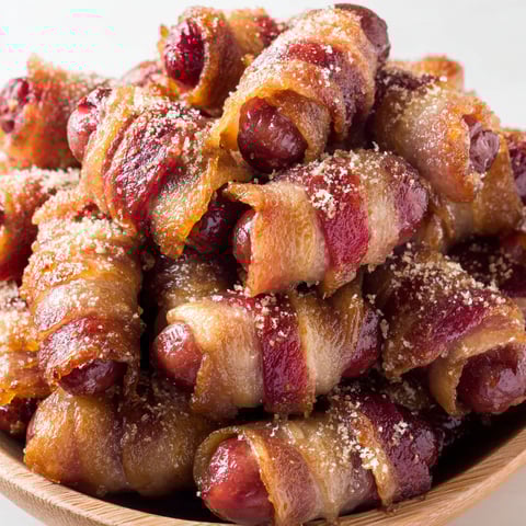 A bowl of bacon wrapped smokies.