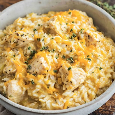 A bowl of rice and chicken.