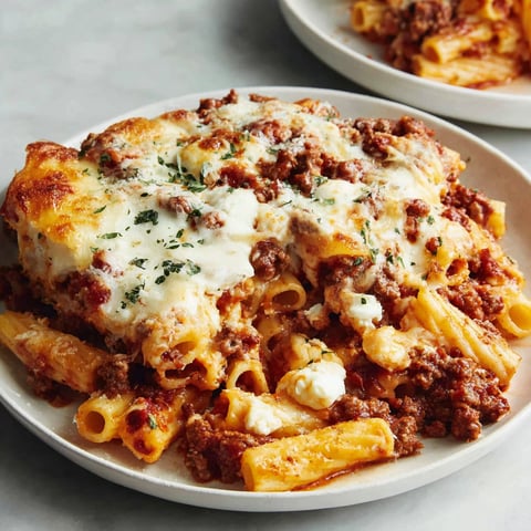 A plate of baked ziti with cheese and tomato sauce.