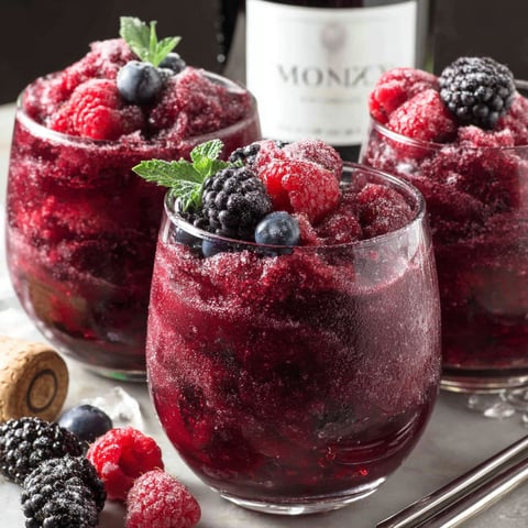 Three glasses of red wine slushie with berries.