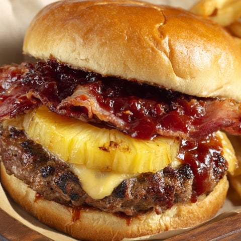 A pineapple bacon burger with a slice of pineapple on top.
