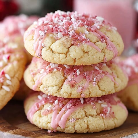 A stack of pink and white cookies with pink frosting.