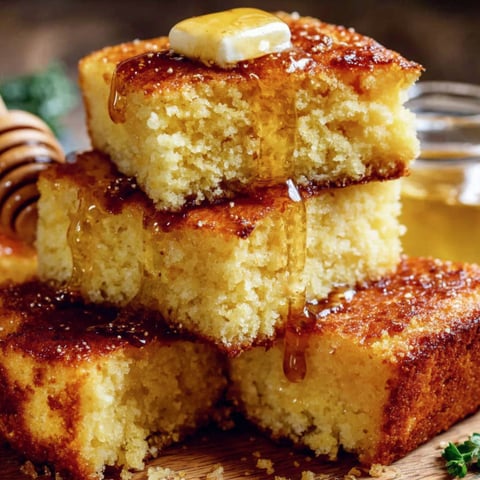 A stack of cornbread with honey drizzled on top.