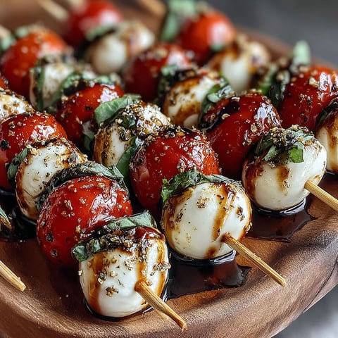 A wooden platter with mini caprese mozzarella bites.