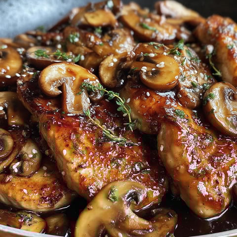A plate of honey garlic chicken and mushrooms.