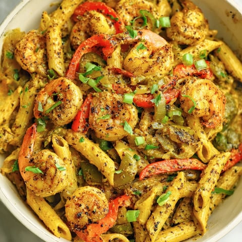 A bowl of Jamaican Shrimp Rasta Pasta.