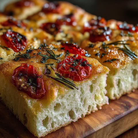 A slice of focaccia bread with tomatoes and herbs on top.