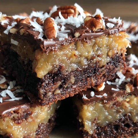 A close up of a german chocolate pecan brownie.