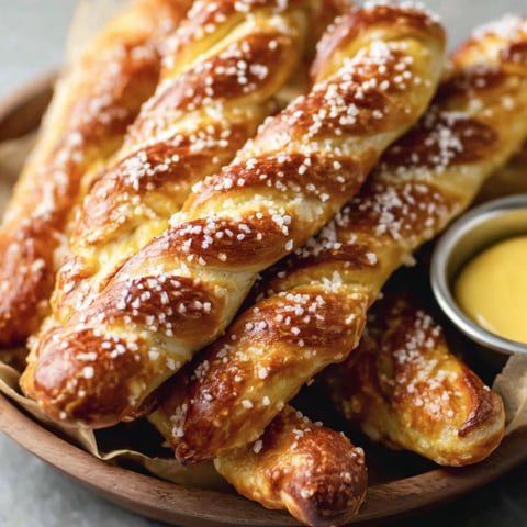 A plate of soft pretzel sticks with a dipping sauce.