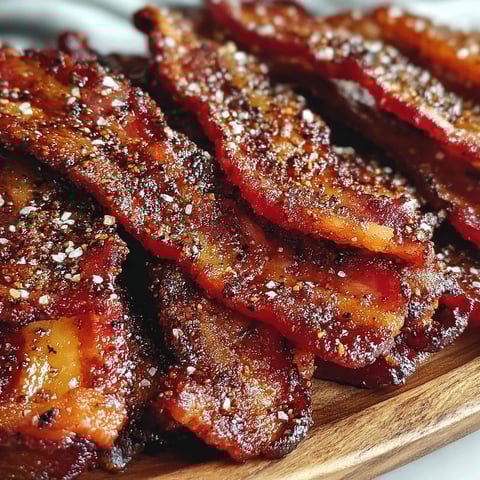 Bacon slices with seasoning on a wooden platter.