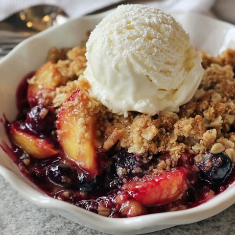 A bowl of blueberry peach crisp with a scoop of ice cream on top.