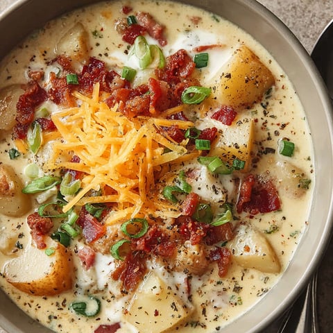 A bowl of soup with bacon, cheese, and potatoes.