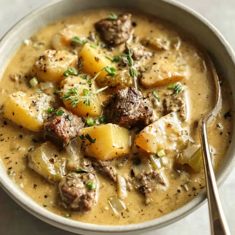 A bowl of creamy steak and potato soup.
