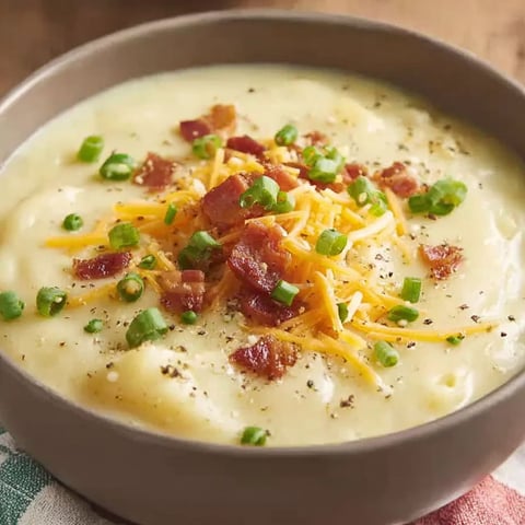 A bowl of creamy potato soup with bacon and cheese.