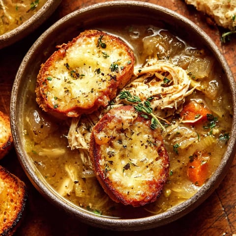 A bowl of soup with bread and meat in it.