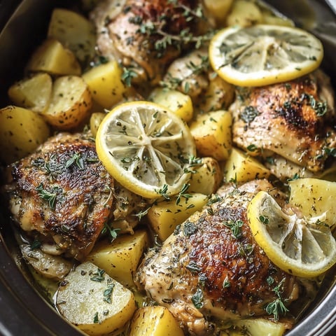 A close up of a pot of chicken with lemon and herbs.