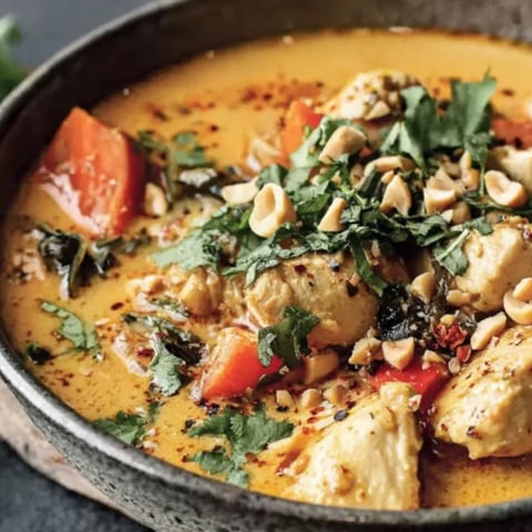 A bowl of soup with chicken, nuts, and vegetables.