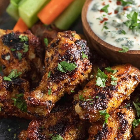 A plate of baked chicken wings with a gorgonzola sauce.