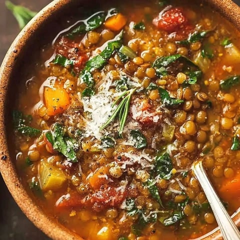 A bowl of soup with vegetables and cheese.