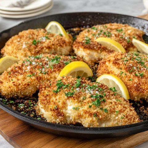 A pan of panko chicken with lemon wedges on top.