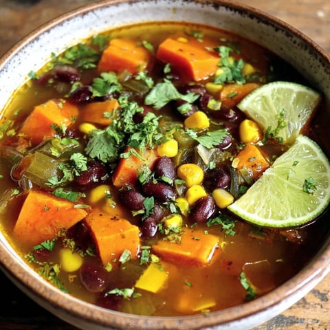A bowl of soup with sweet potatoes, black beans, and lime wedges.