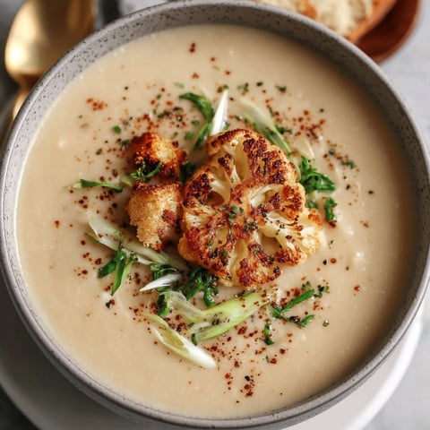 A bowl of creamy cauliflower soup with a piece of broccoli on top.