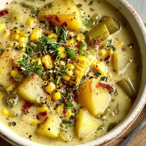 A bowl of creamy potato corn chowder.