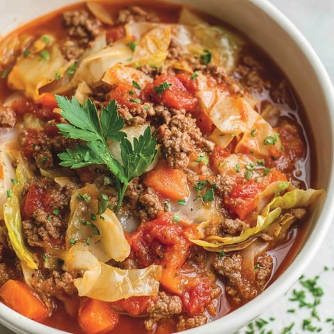 A bowl of cabbage roll soup.