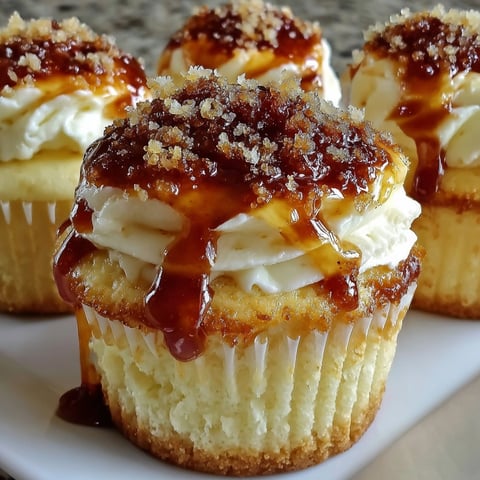 Three vanilla bean crème brûlée cheesecake cupcakes.