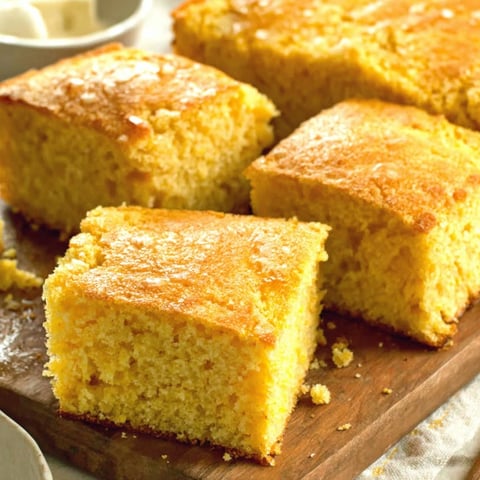 A slice of cornbread on a wooden cutting board.