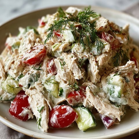 A bowl of chicken salad with tomatoes, cucumbers, and parsley.