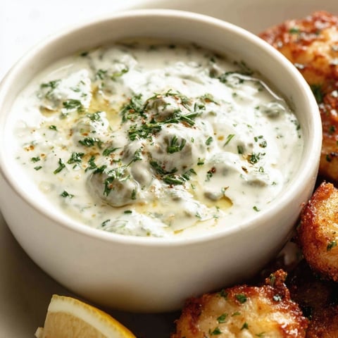 A bowl of tartar sauce with a lemon wedge on the side.